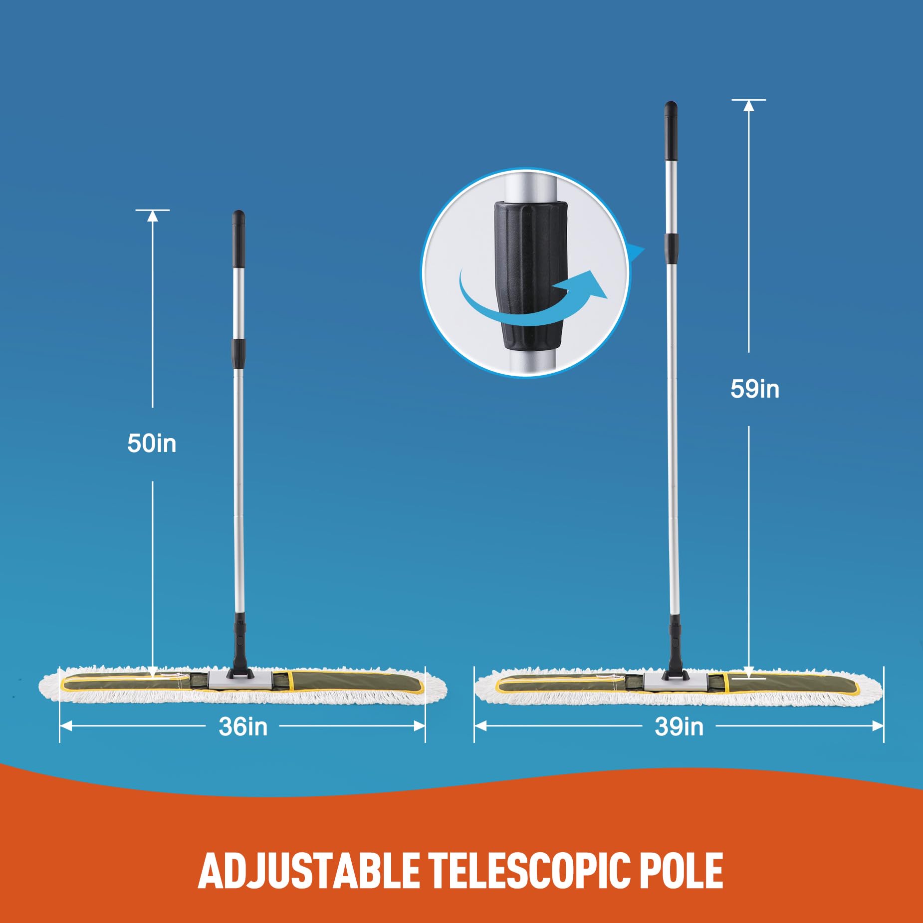 CLEANHOME extended handle length demo showing adjustable 50–59 inch pole for ergonomic use