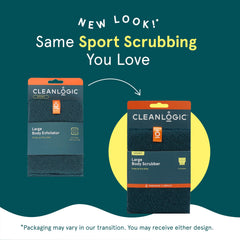 Person using Cleanlogic scrubber on back and shoulders to remove sweat