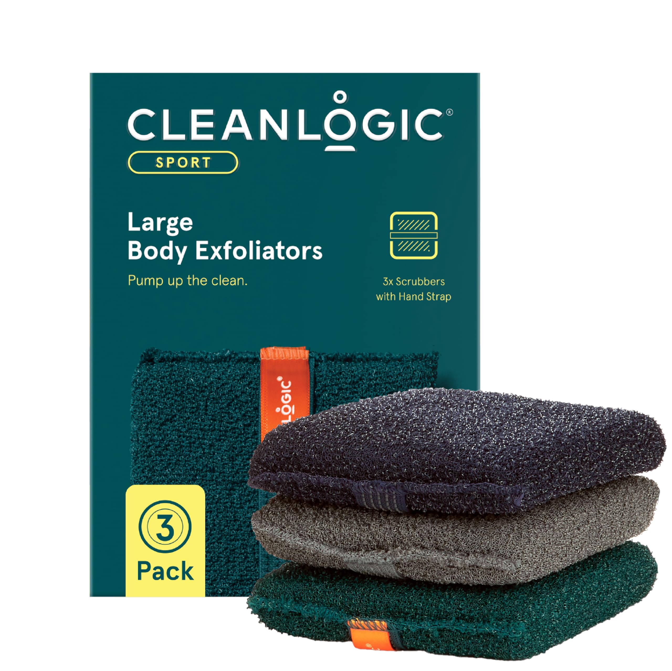 Cleanlogic front packaging showing three large exfoliating scrubbers and product benefits