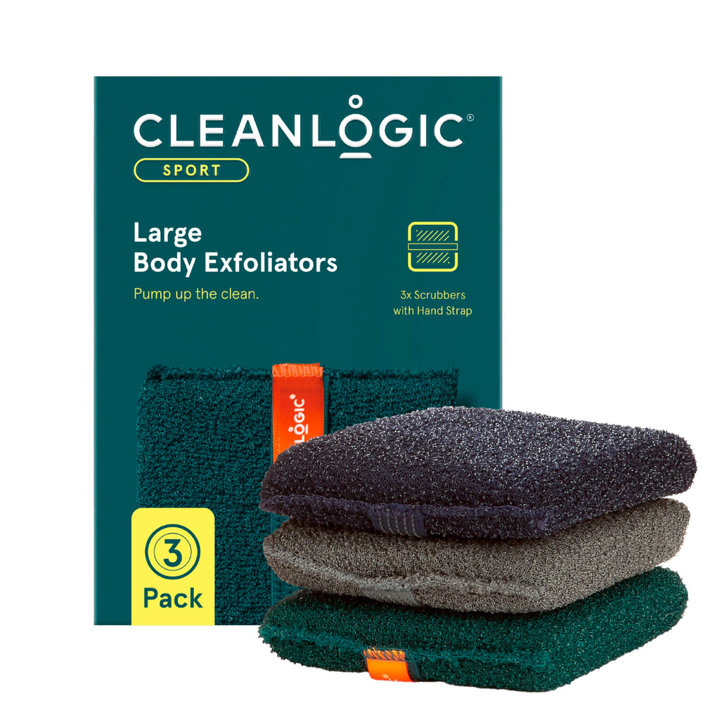 Cleanlogic front packaging showing three large exfoliating scrubbers and product benefits