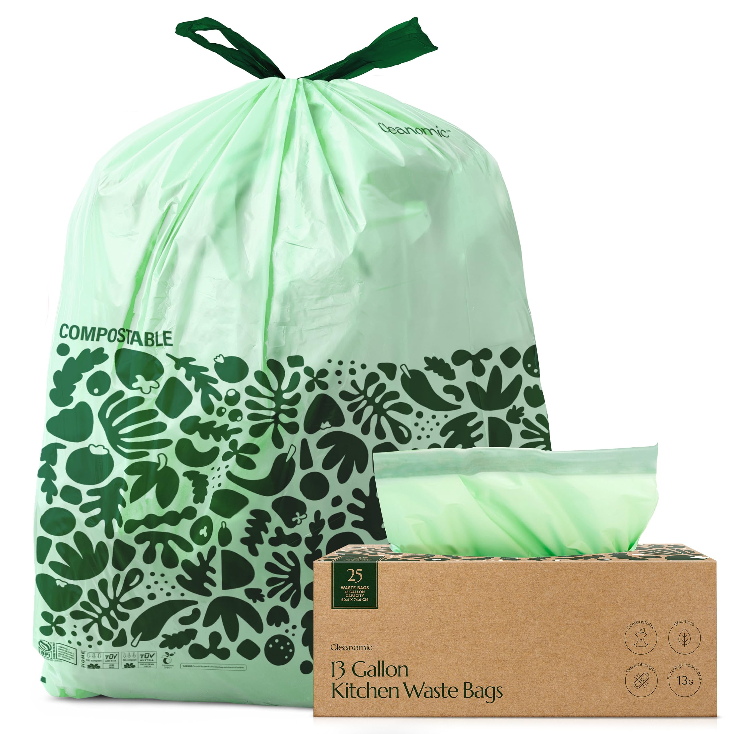 Cleanomic front packaging showing 25-count tall compostable* bags, easy storage benefit