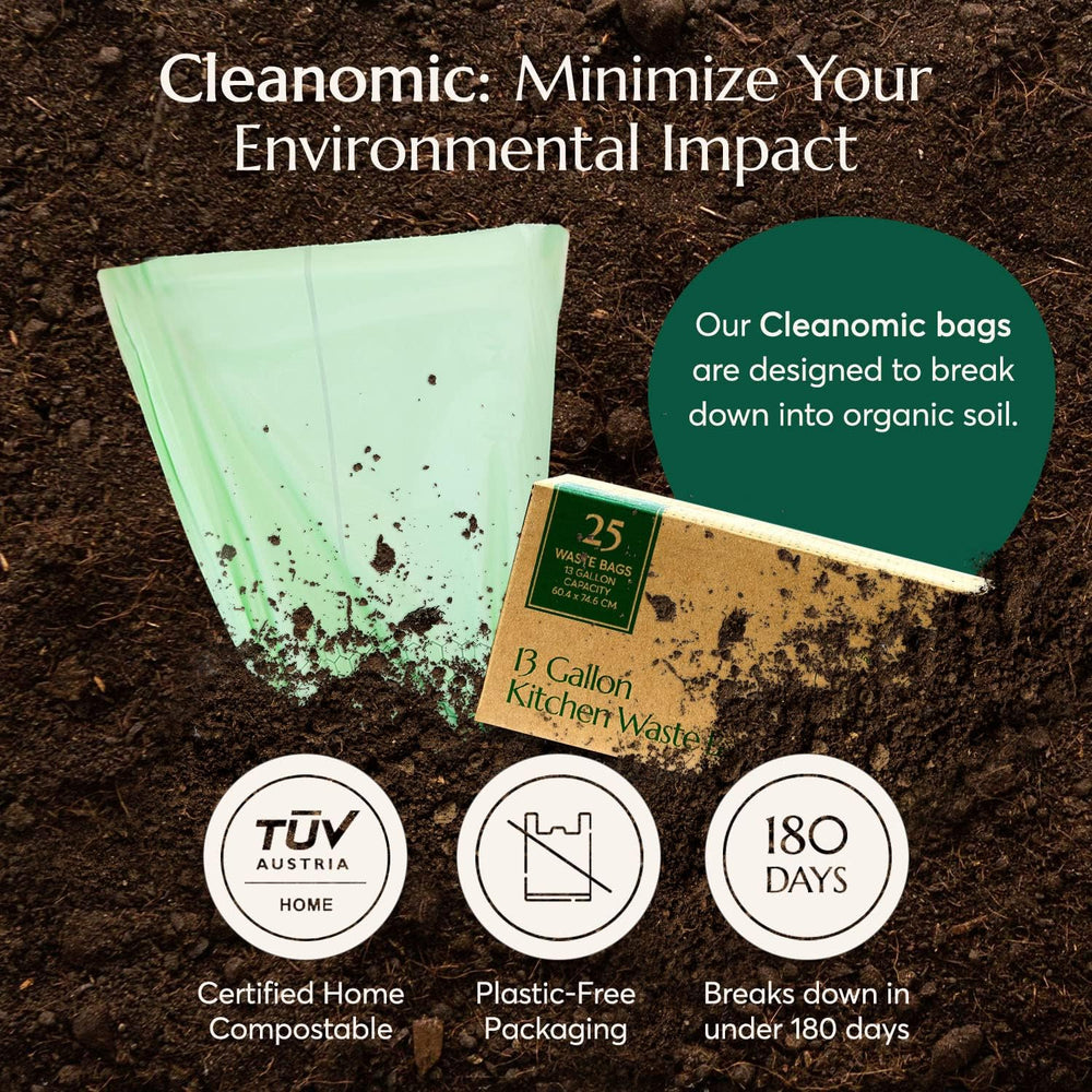 Cleanomic bag fitted in a 13-gallon kitchen can demonstrating proper fit and neat appearance