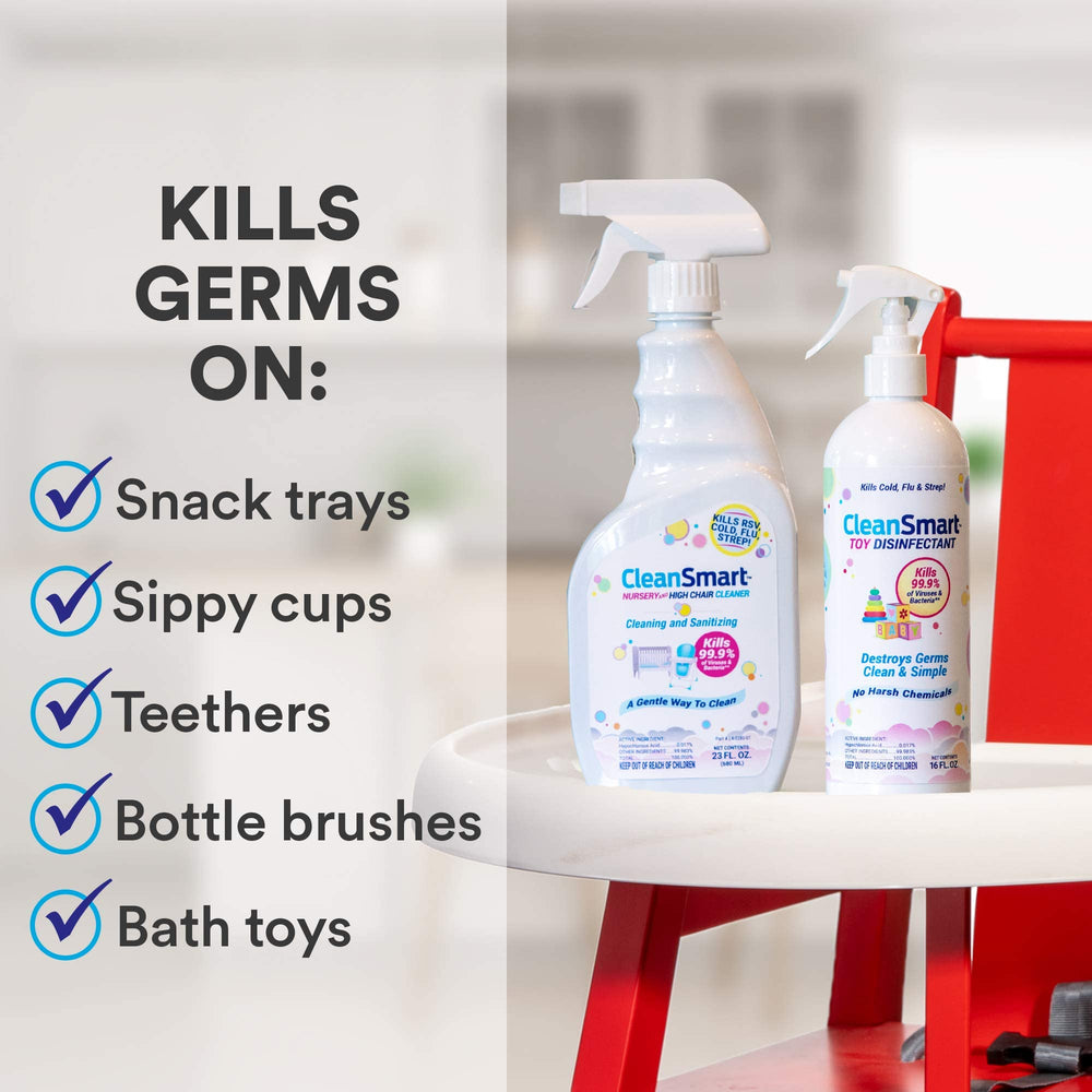 CleanSmart spray mist on plastic toy demonstrating fast sanitizing