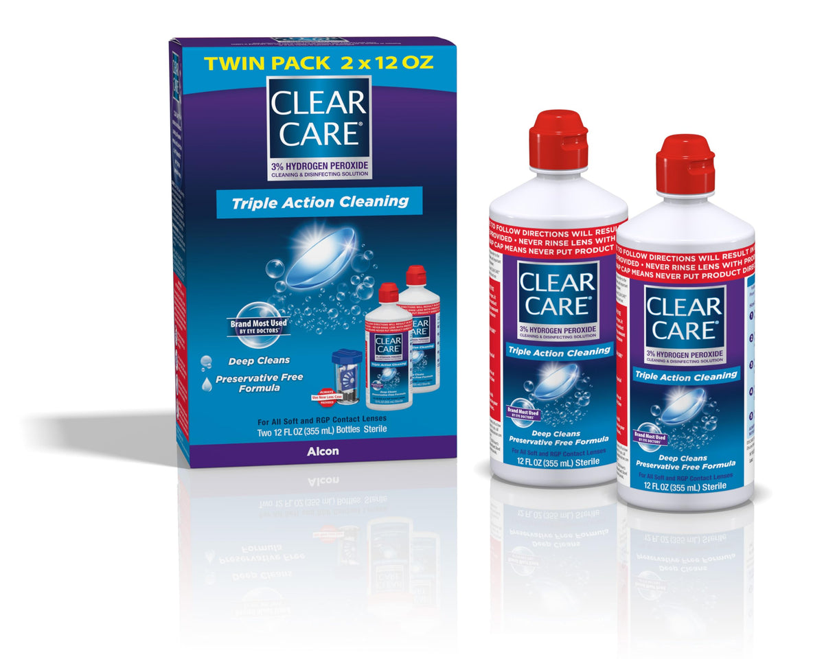 Clear Care front packaging showing 12 fl oz bottle and 2-pack benefit