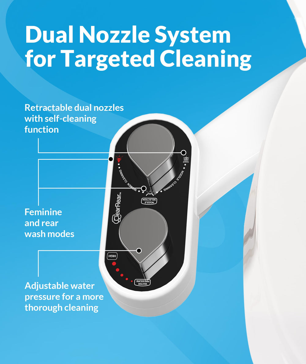 CLEAR REAR nozzle close-up showing dual self-cleaning nozzles for hygiene
