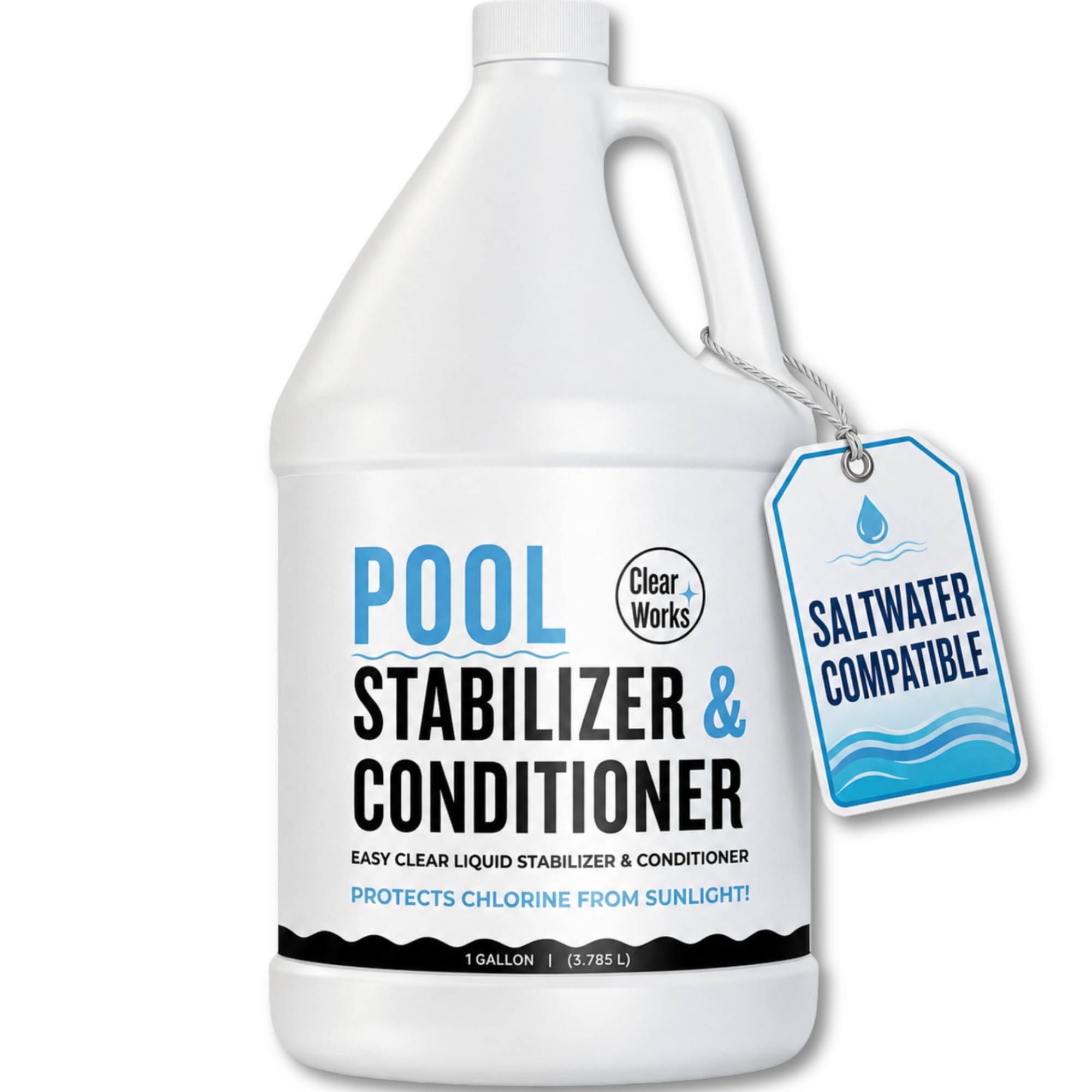 Clear Works gallon front label showing product name and benefits for pool care