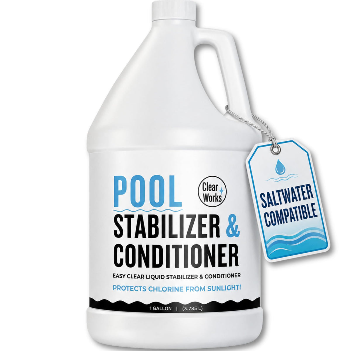 Clear Works gallon front label showing product name and benefits for pool care