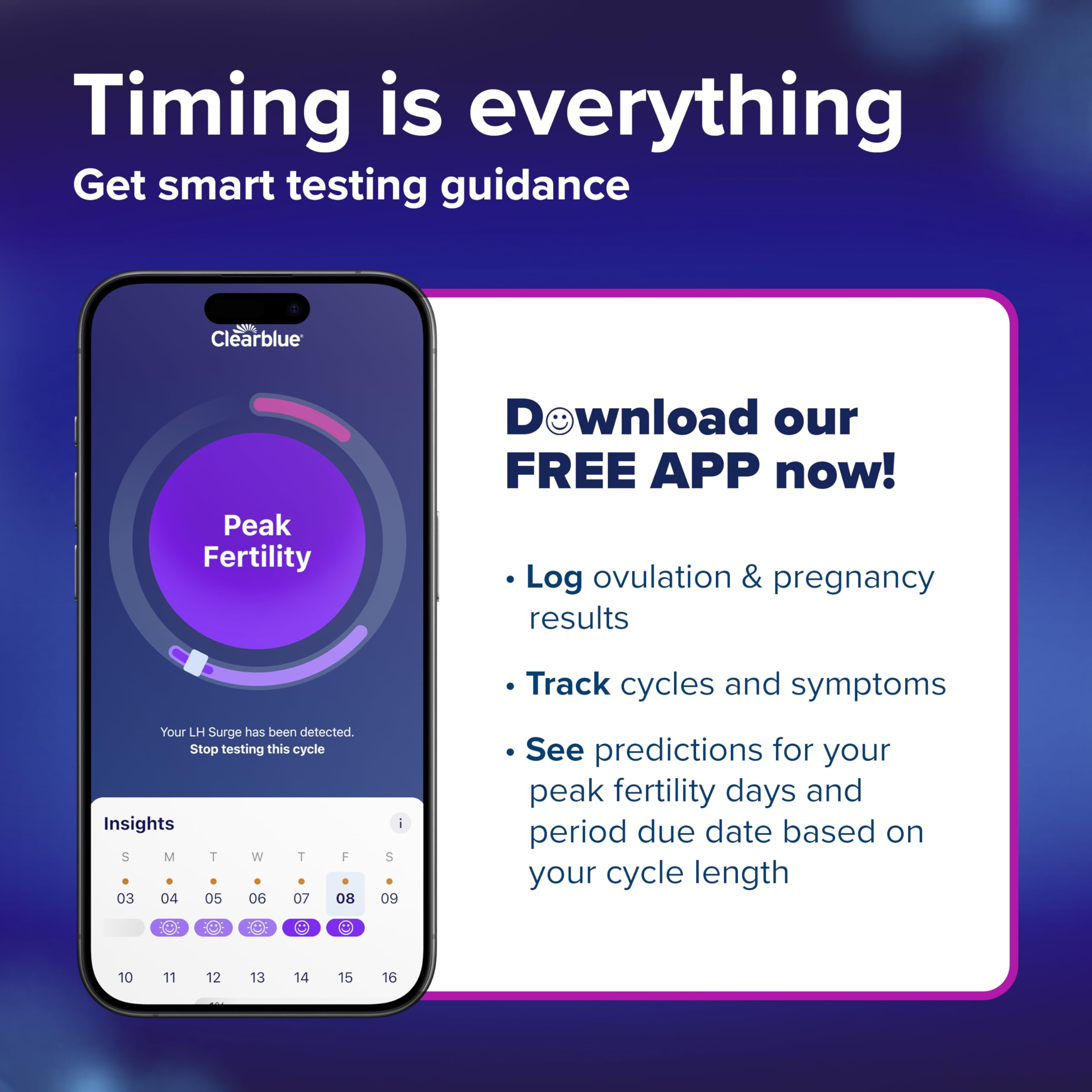 Clearblue app screen showing cycle tracker for smarter testing