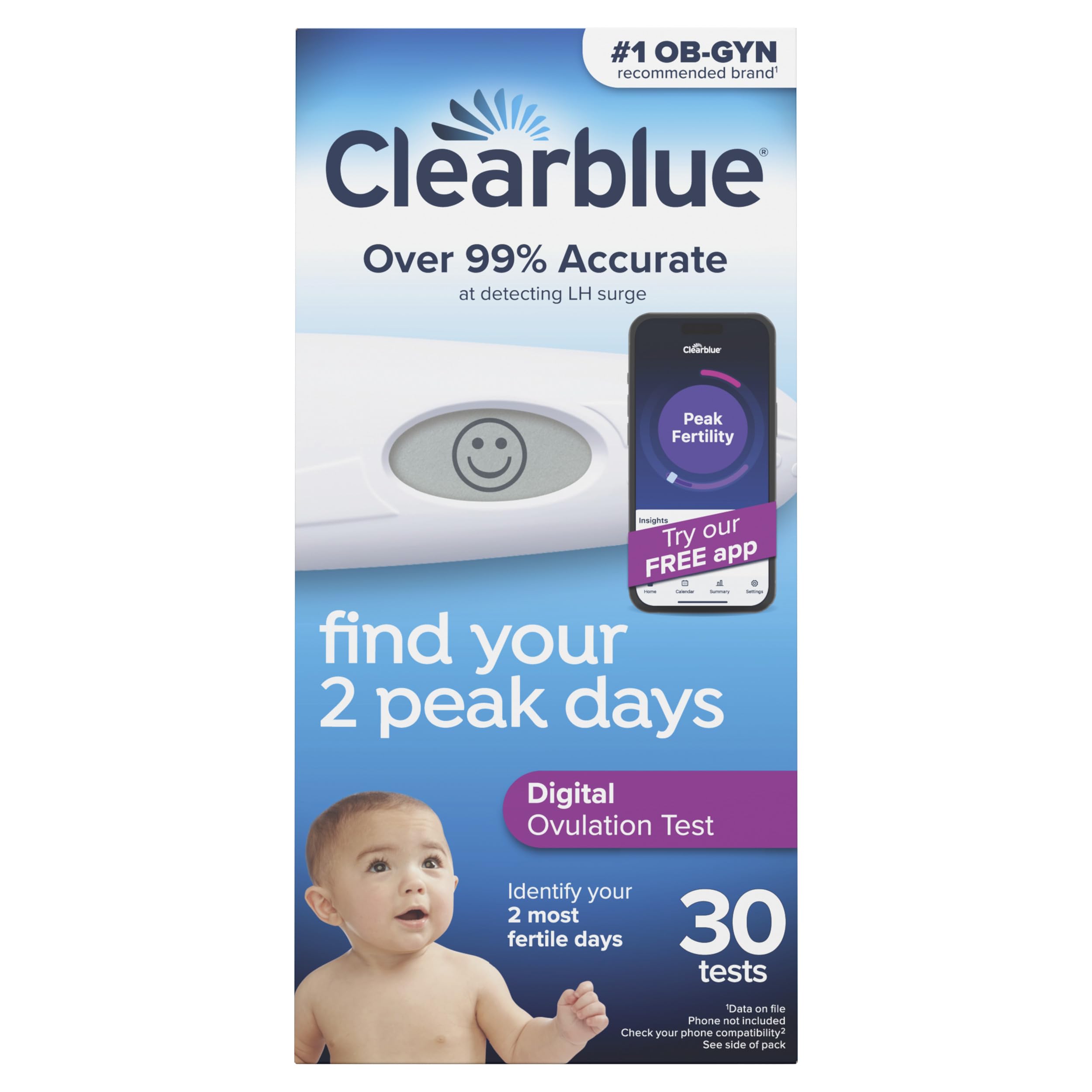Clearblue digital reader display with smiley result indicating peak fertility
