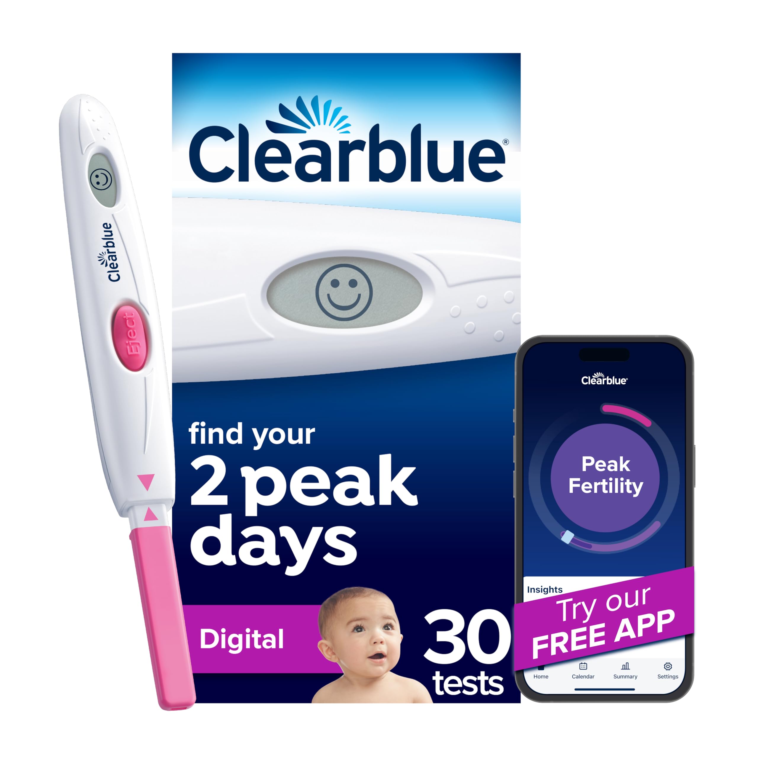 Clearblue front packaging showing kit and 30 test sticks for clear timing