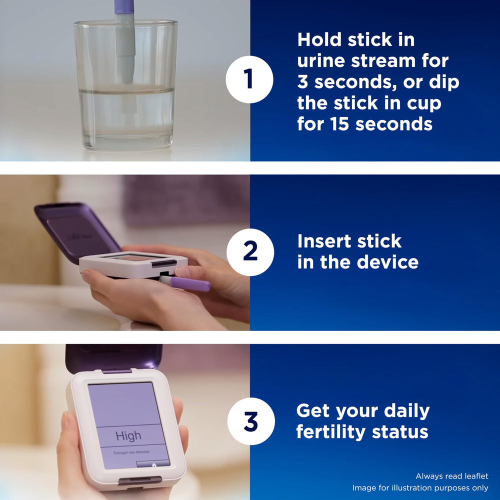 Clearblue stick held over a urine sample illustrating easy testing