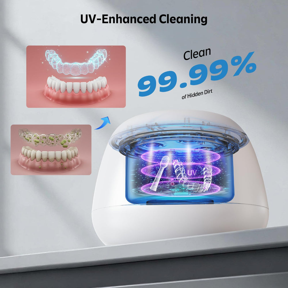 Clelifove aligner submerged in cleaner demonstrating effective removal of deposits and gentle care