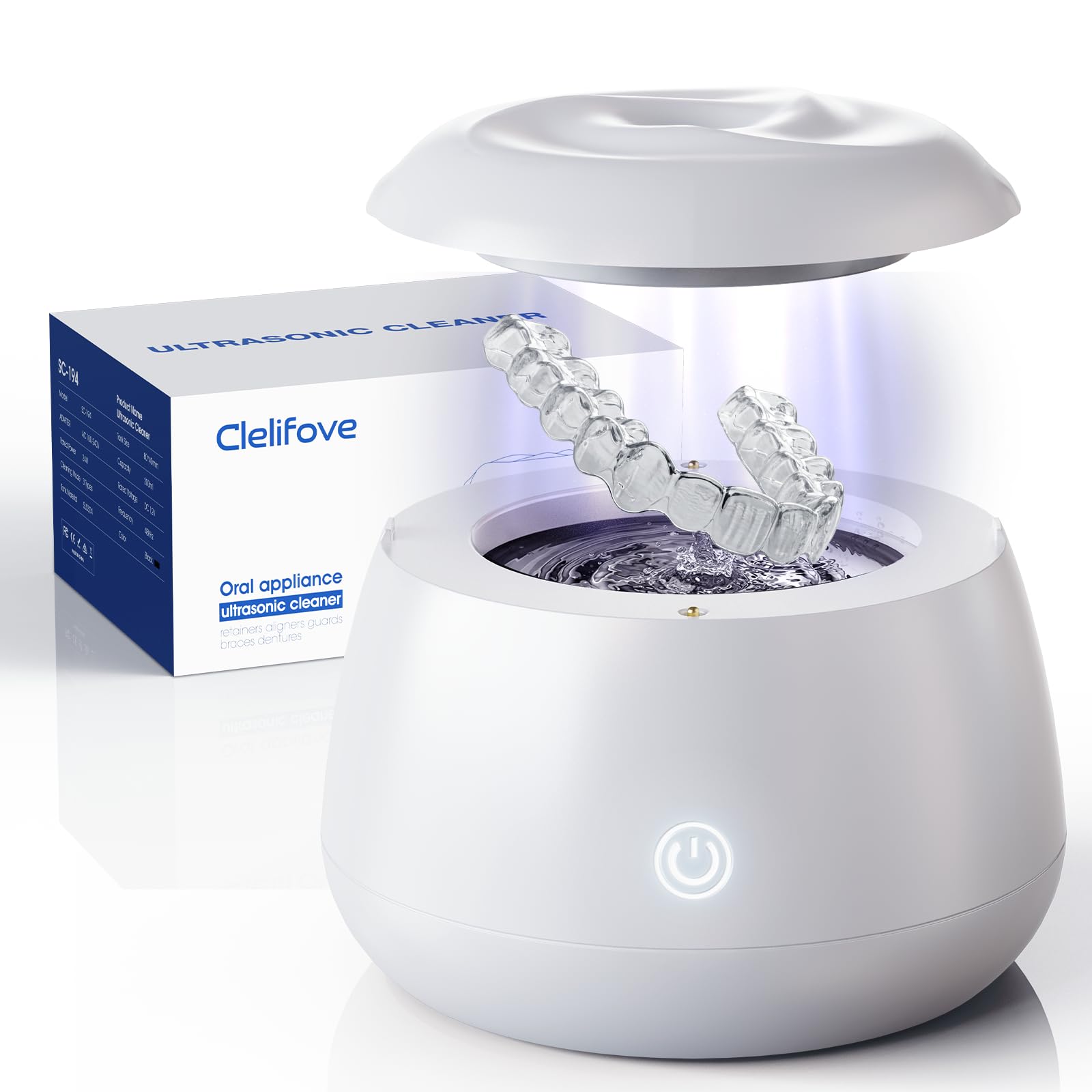 Clelifove front view of white ultrasonic cleaner showing compact design and easy controls for fast cleaning