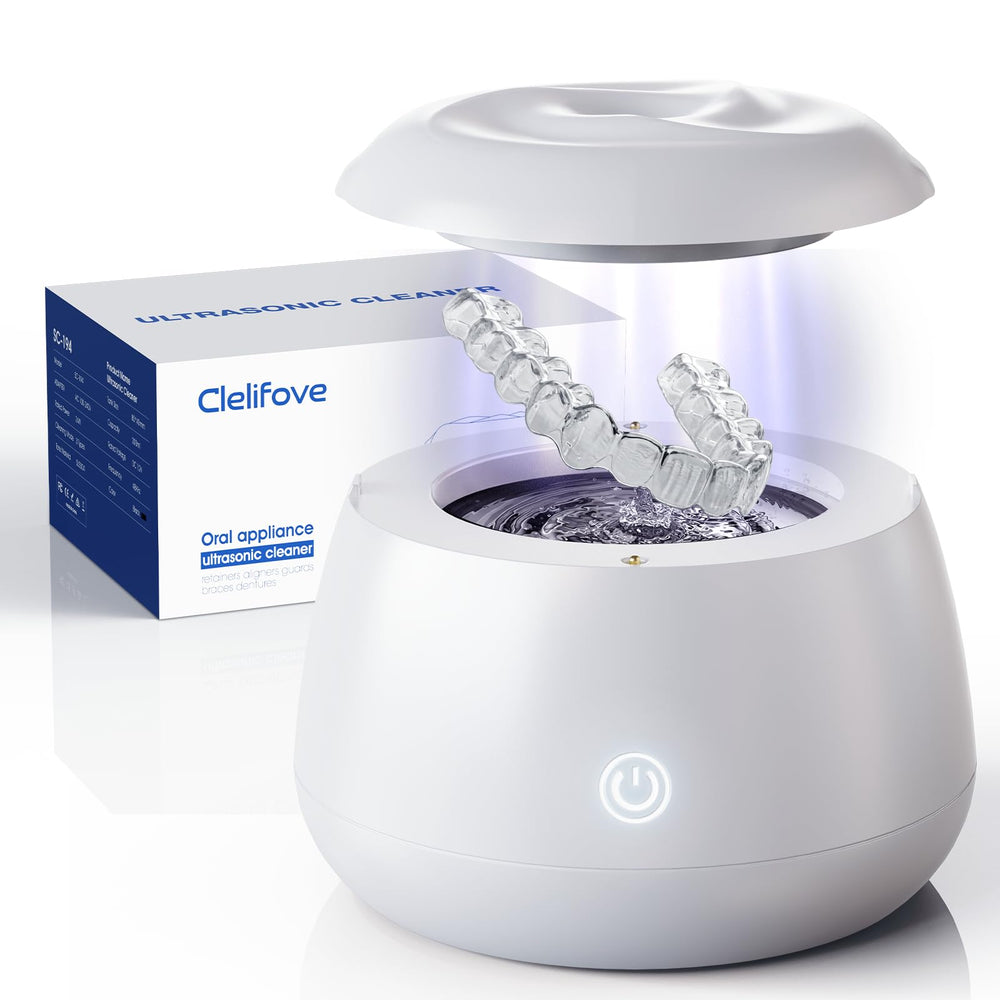 Clelifove front view of white ultrasonic cleaner showing compact design and easy controls for fast cleaning