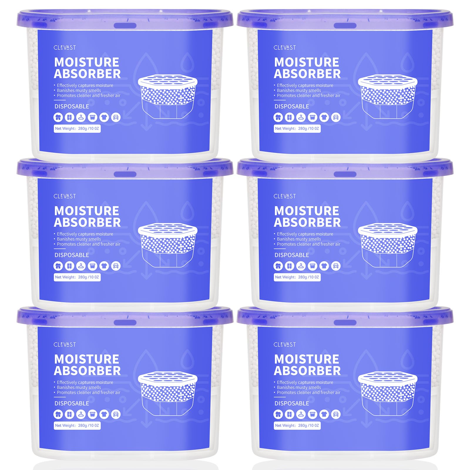 CLEVAST front packaging showing six unscented moisture absorber boxes and benefits