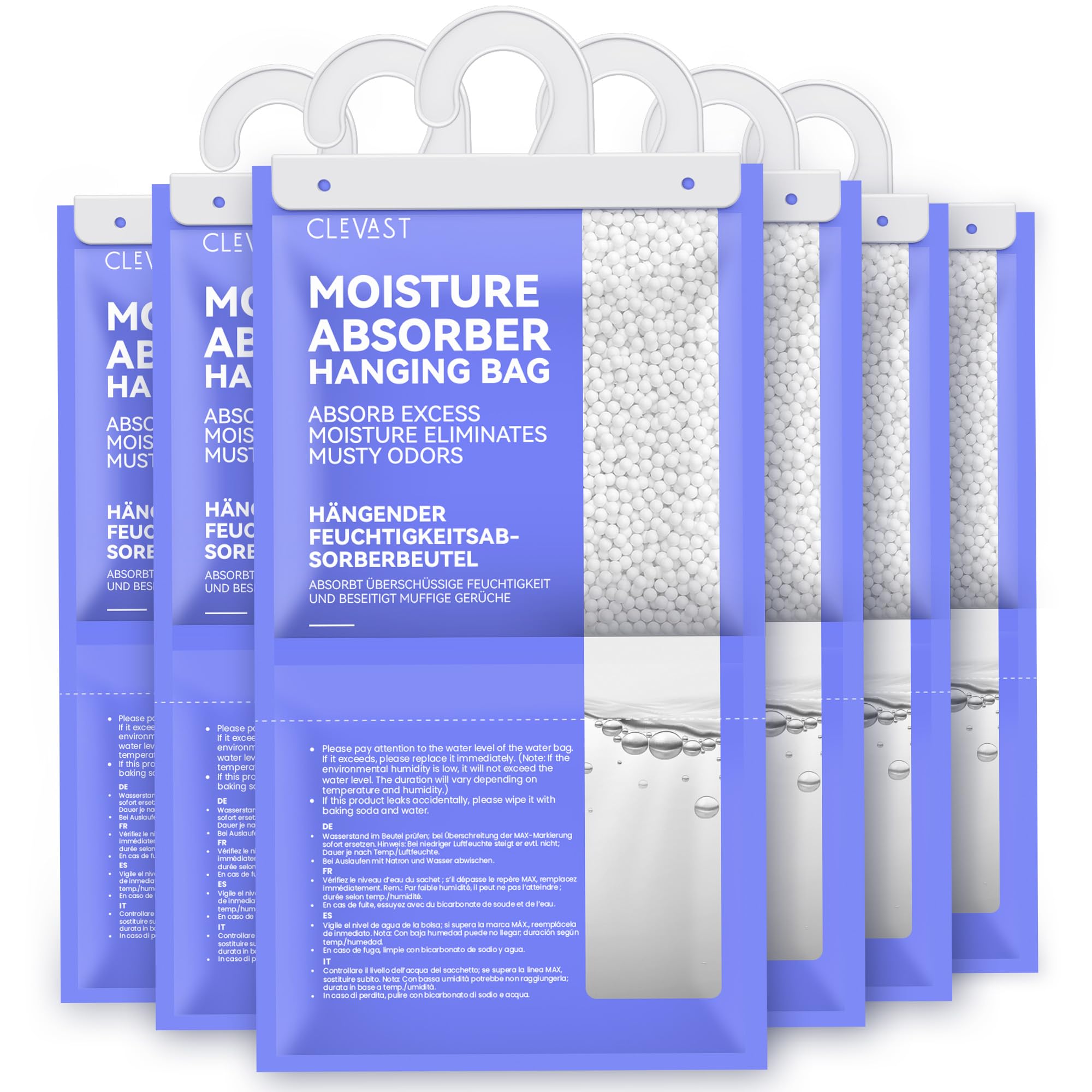 CLEVAST front packaging showing unscented dehumidifier bags and capacity benefit