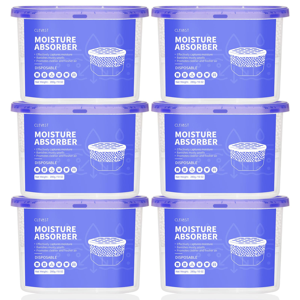 CLEVAST front packaging showing six unscented moisture absorber boxes and benefits