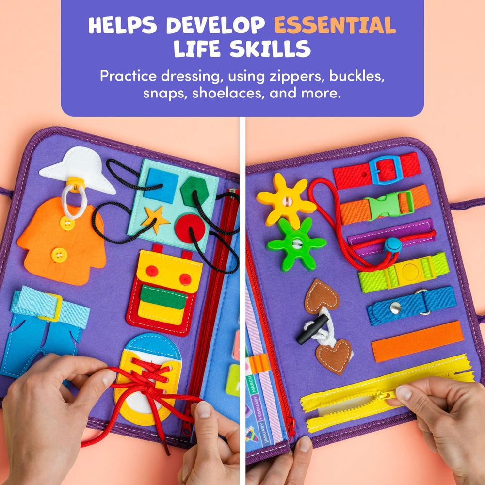 Child using Clever Fox Play busy book, enhancing fine motor skills through play