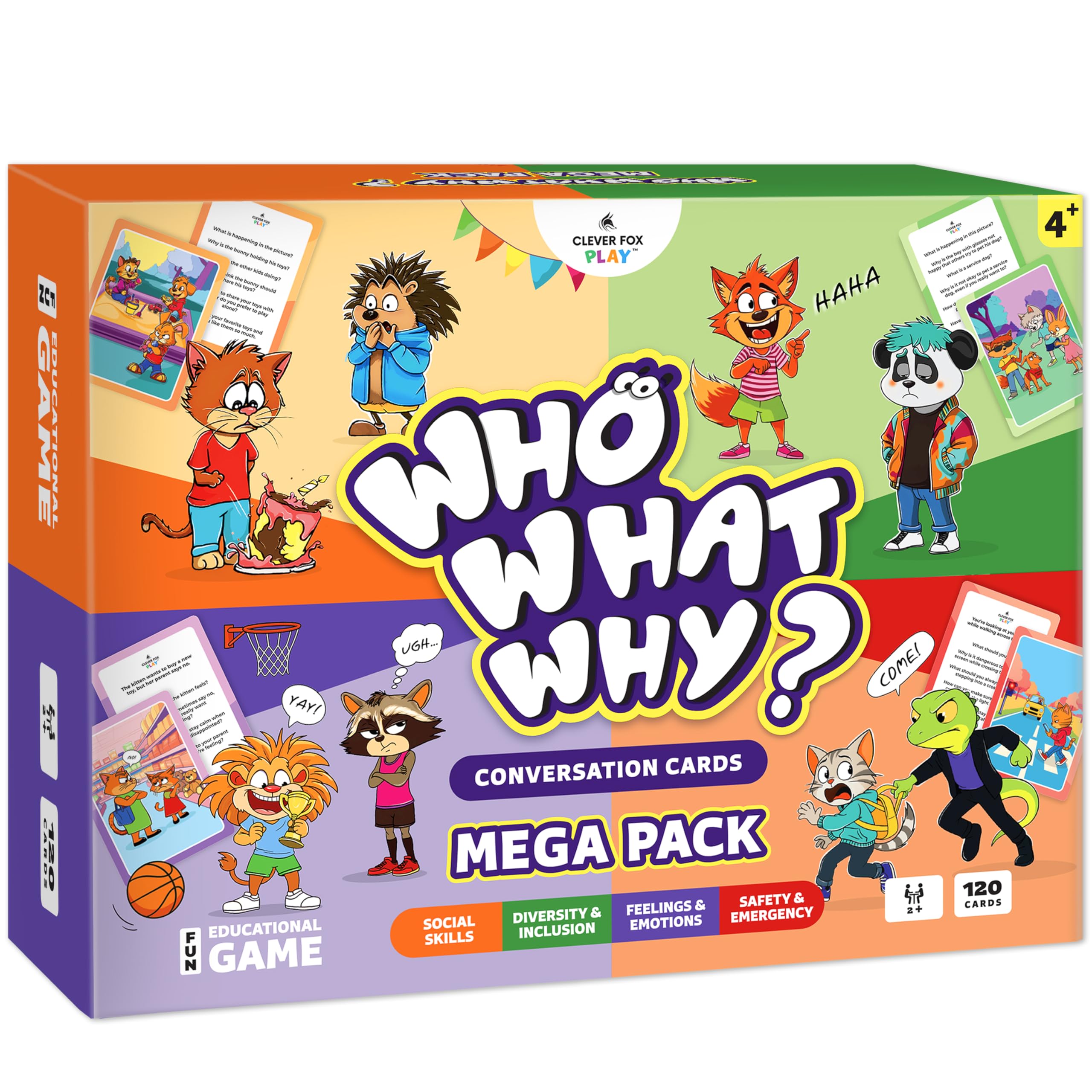 Clever Fox Play front box showing 120-card mega pack and contents benefit clear organization