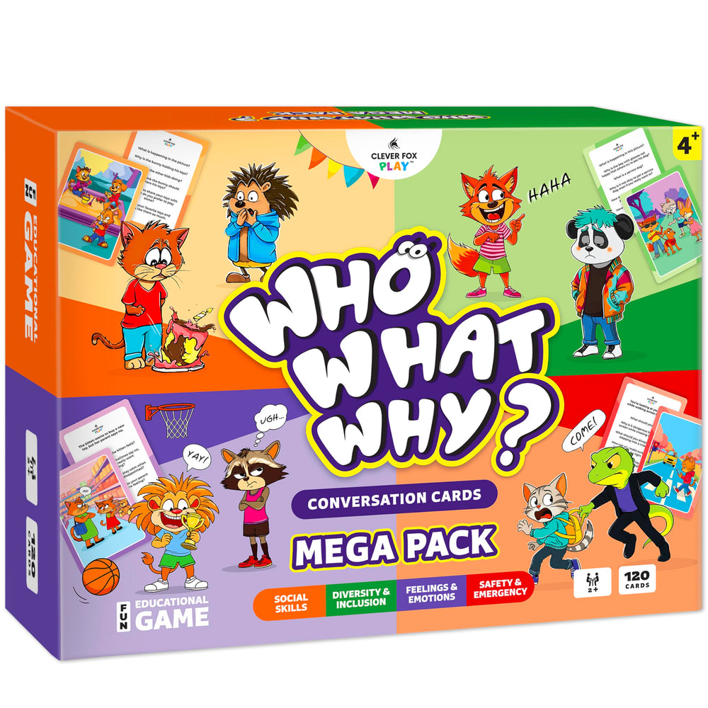 Clever Fox Play front box showing 120-card mega pack and contents benefit clear organization