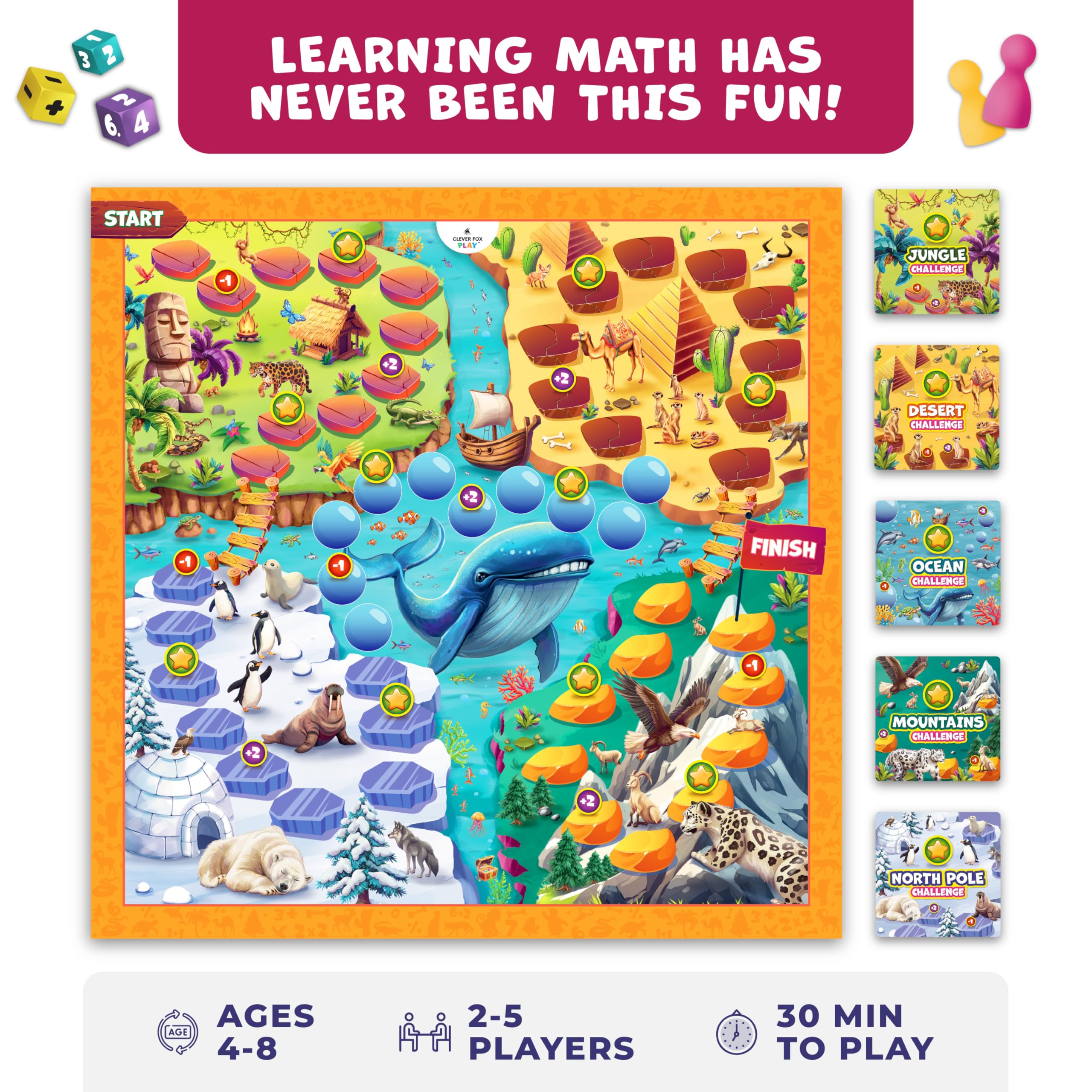 Clever Fox Play Number Hunter components laid out showing dice, tokens, and challenge cards durability