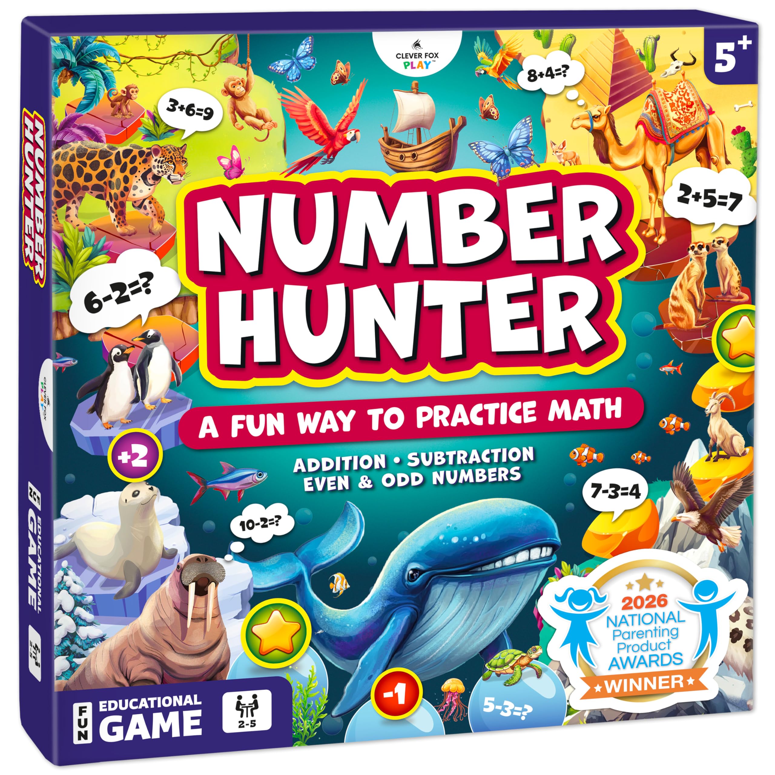 Clever Fox Play Number Hunter front packaging showing colorful board and box benefits clarity