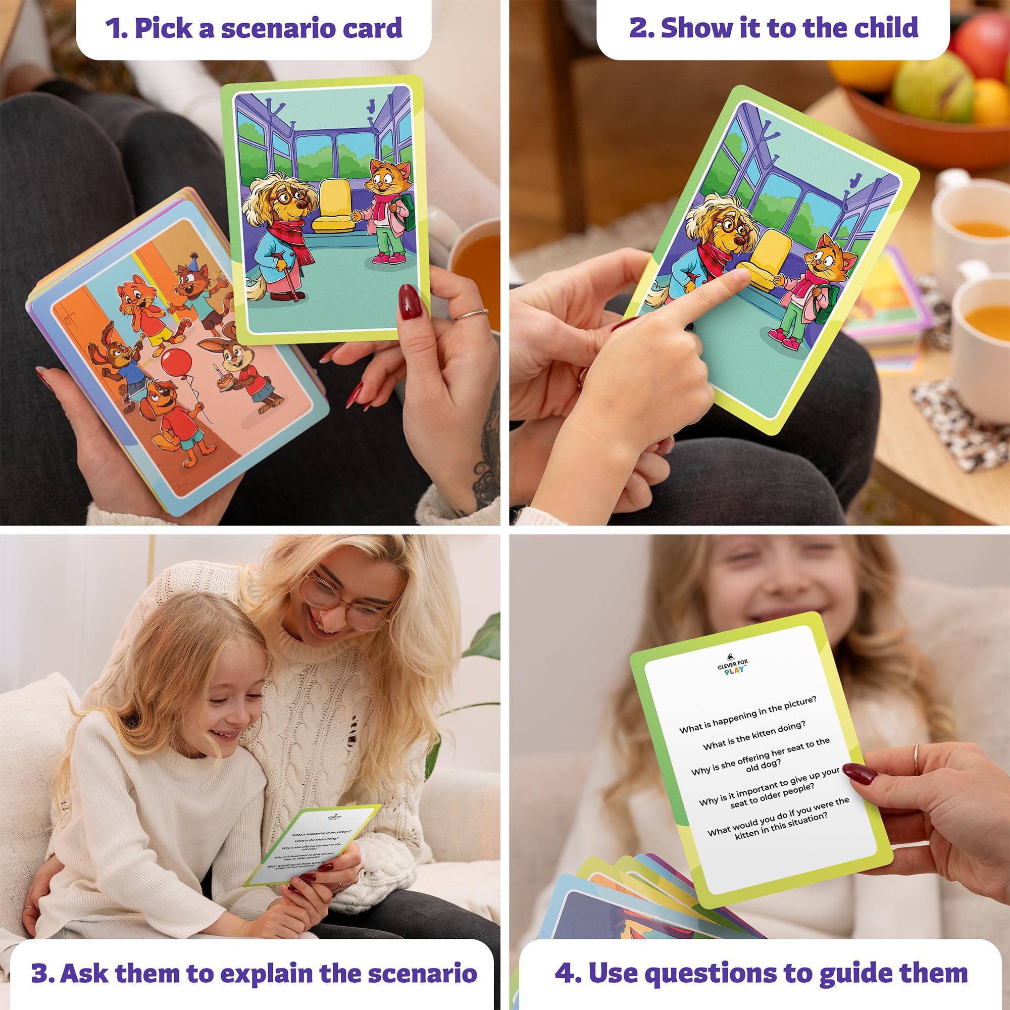 Clever Fox Play card held in hand to show scale and ease of use for quick activities