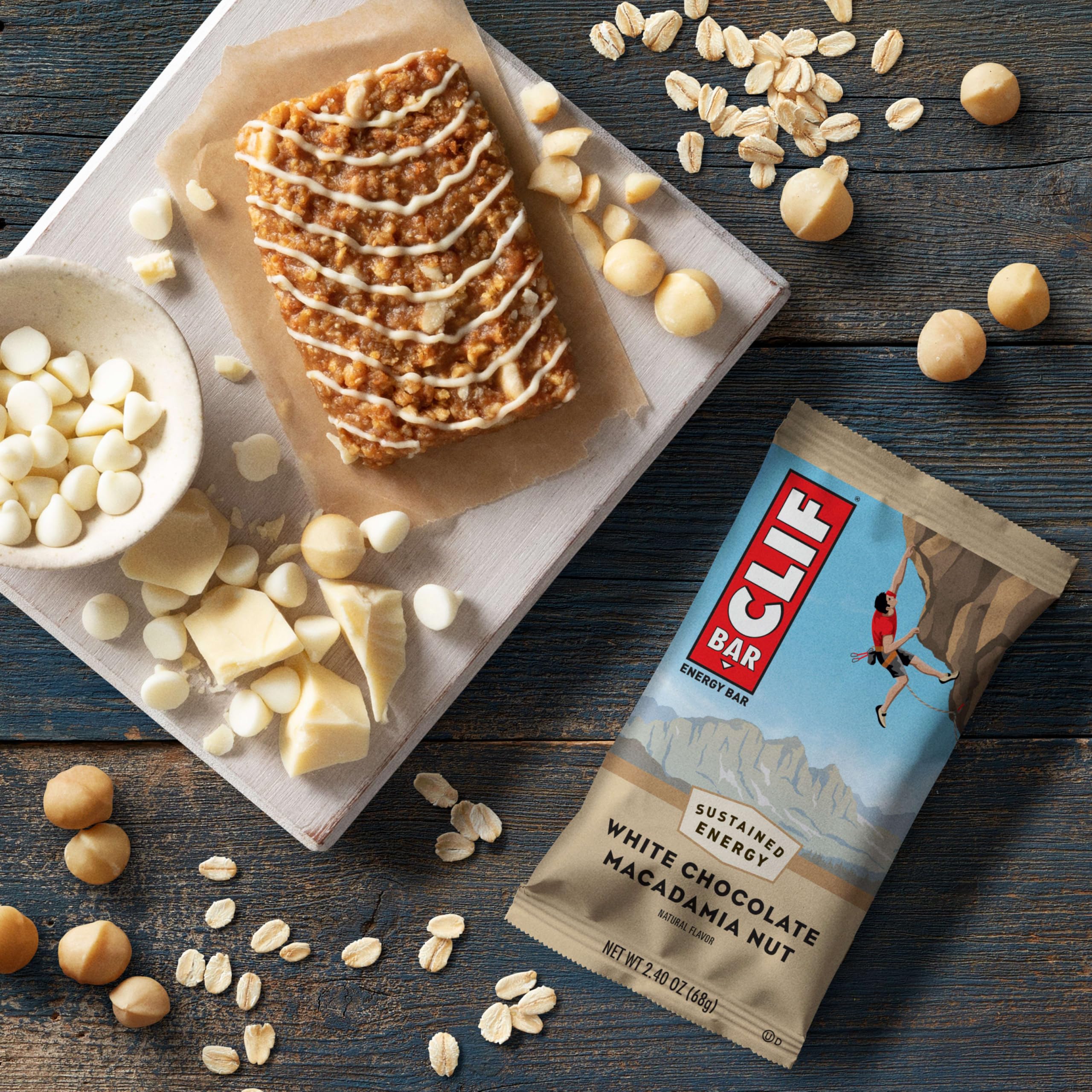 CLIF BAR bar cross-section with macadamia pieces showing nutty texture and protein