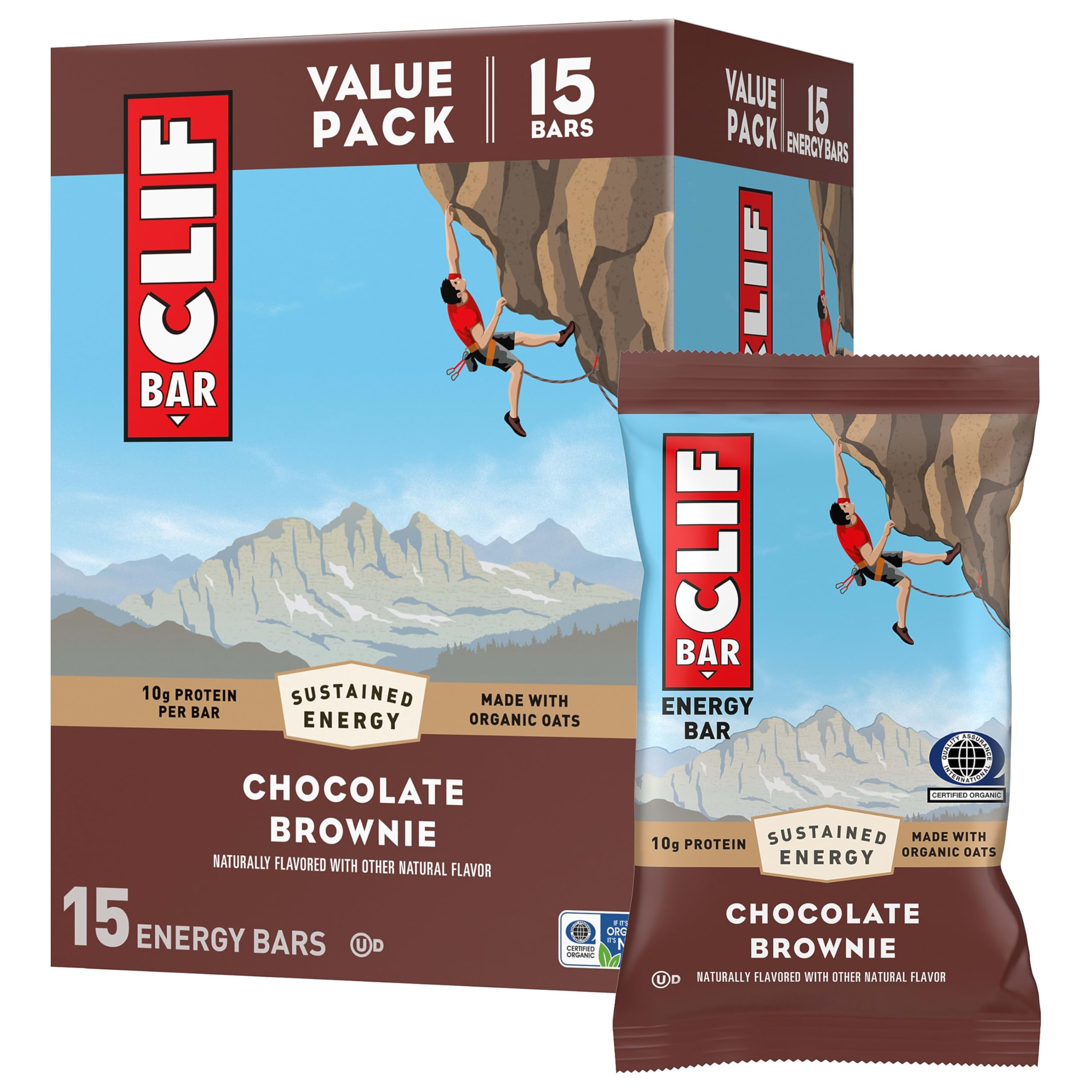 CLIF Bar front box showing Chocolate Brownie flavor and 15-count convenience