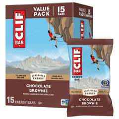 CLIF Bar front box showing Chocolate Brownie flavor and 15-count convenience