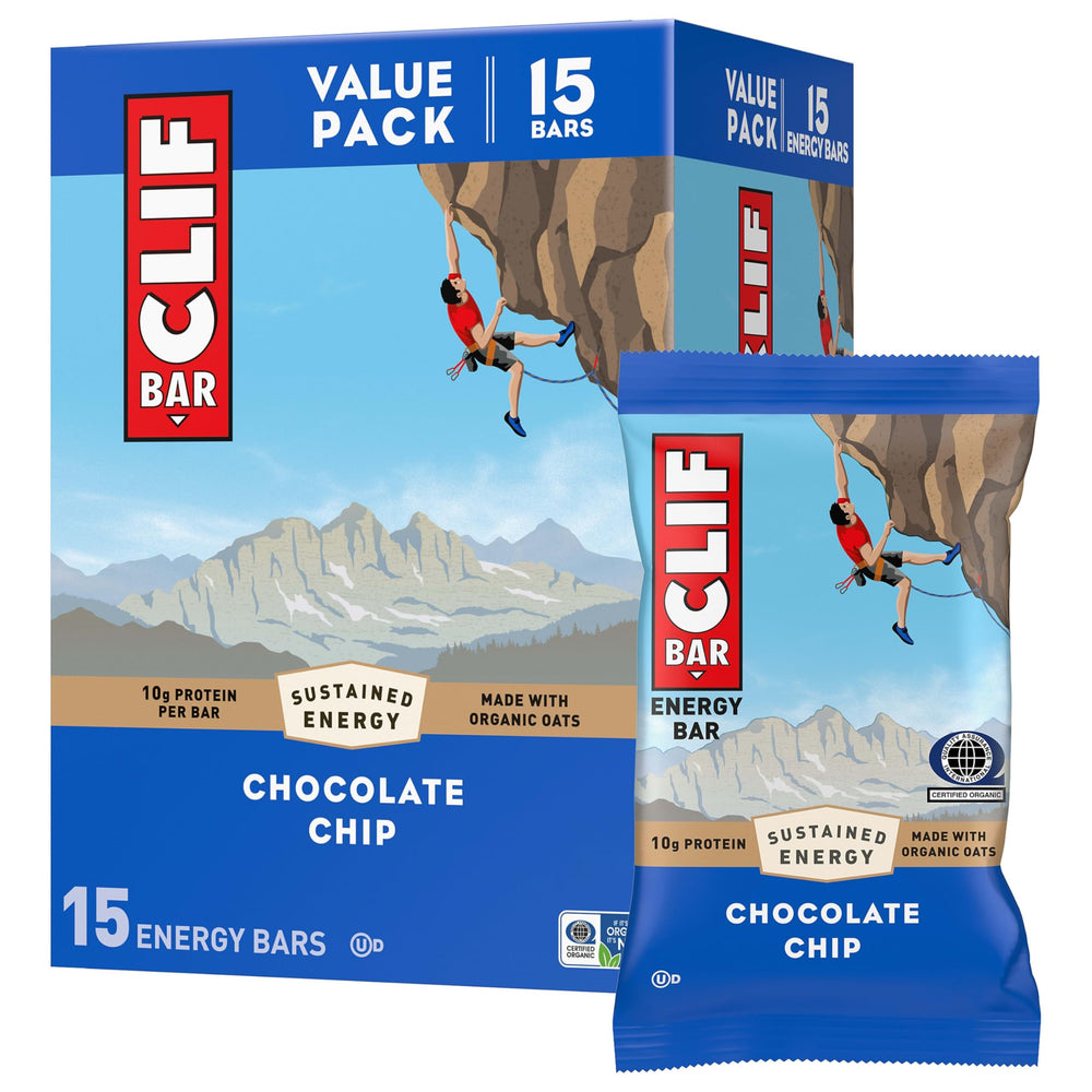CLIF Bar front packaging showing Chocolate Chip 15-count and convenience benefit