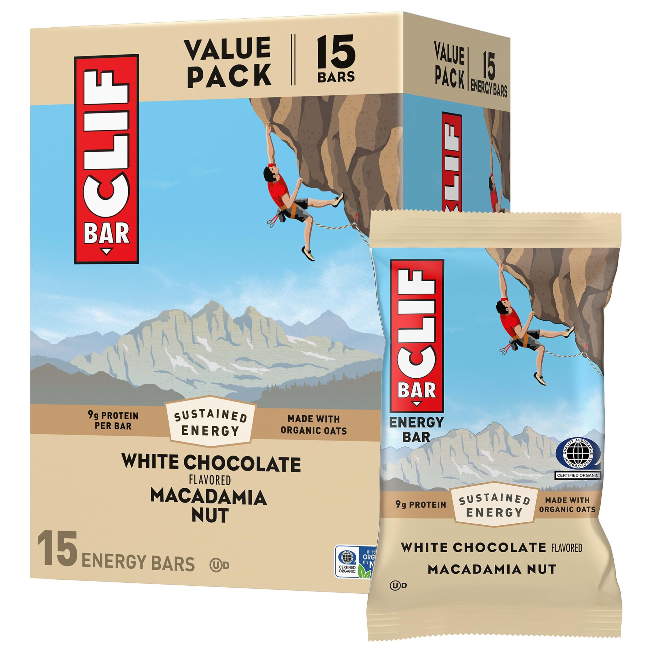 CLIF BAR front packaging showing white chocolate macadamia nut flavor and benefits
