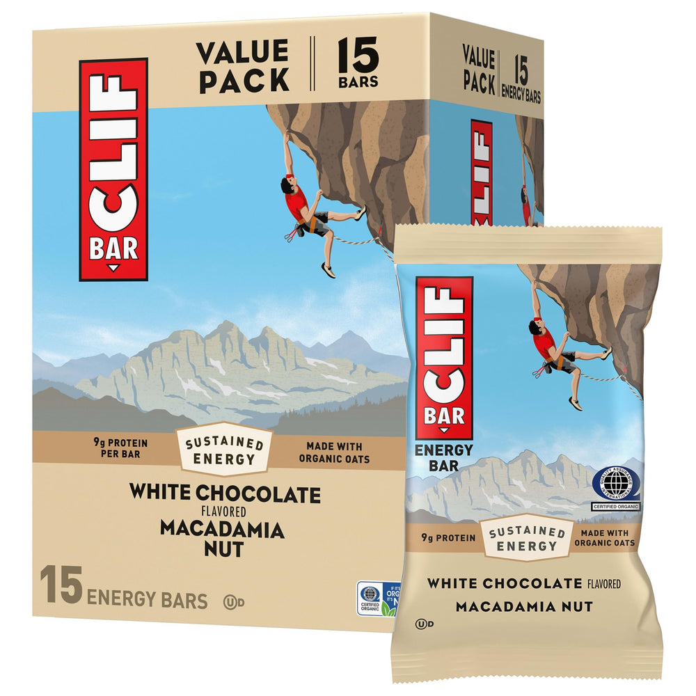 CLIF BAR front packaging showing white chocolate macadamia nut flavor and benefits