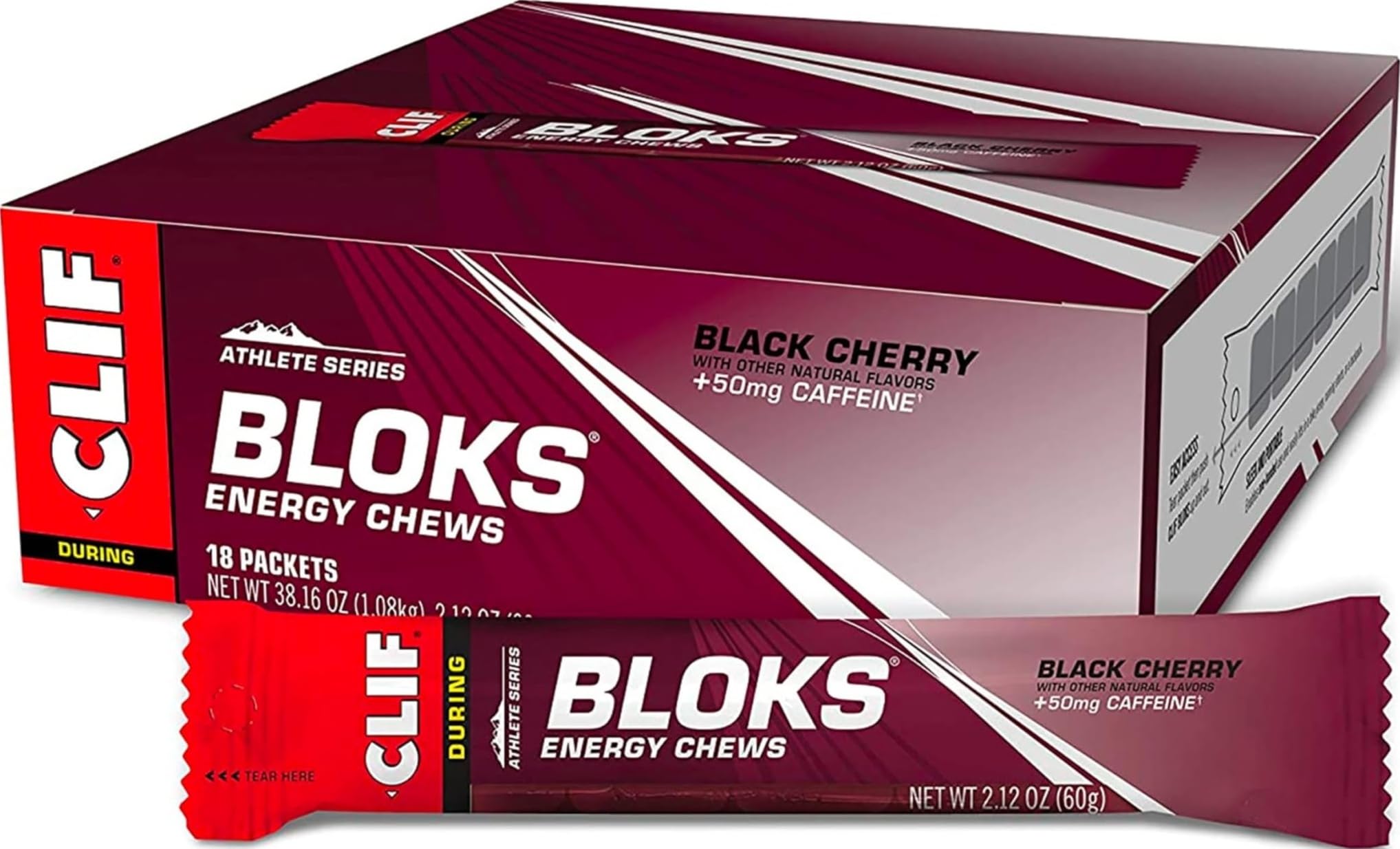 Clif Bloks front packaging showing 18 black cherry packs and clear branding for quick grab