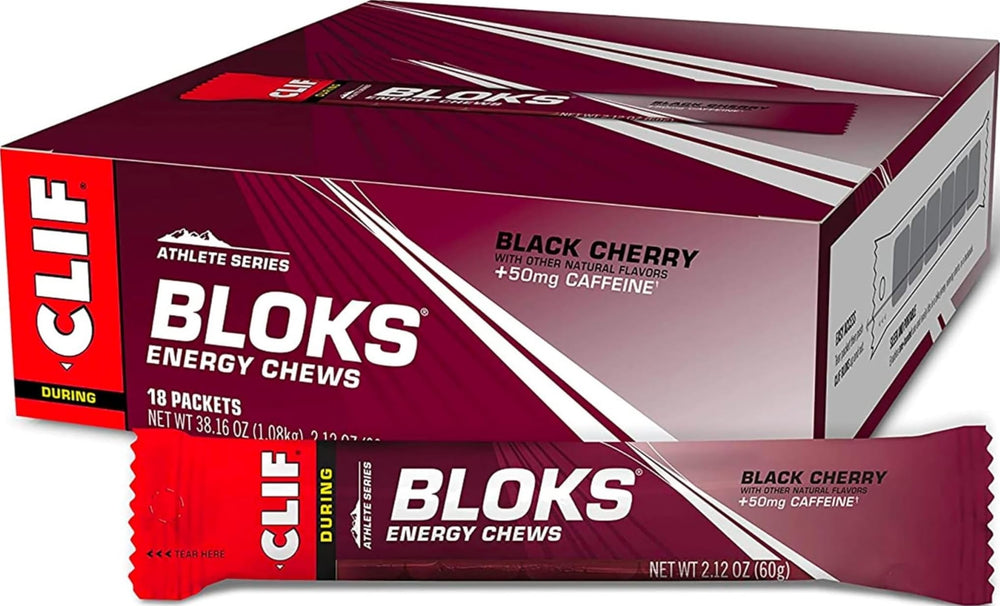 Clif Bloks front packaging showing 18 black cherry packs and clear branding for quick grab