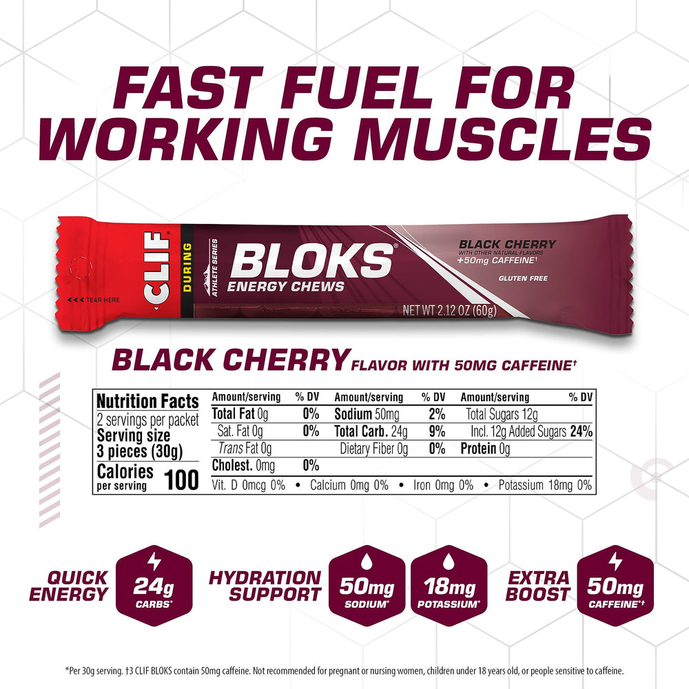 Clif Bloks open single-serve pack with cubes visible for easy mid-activity access