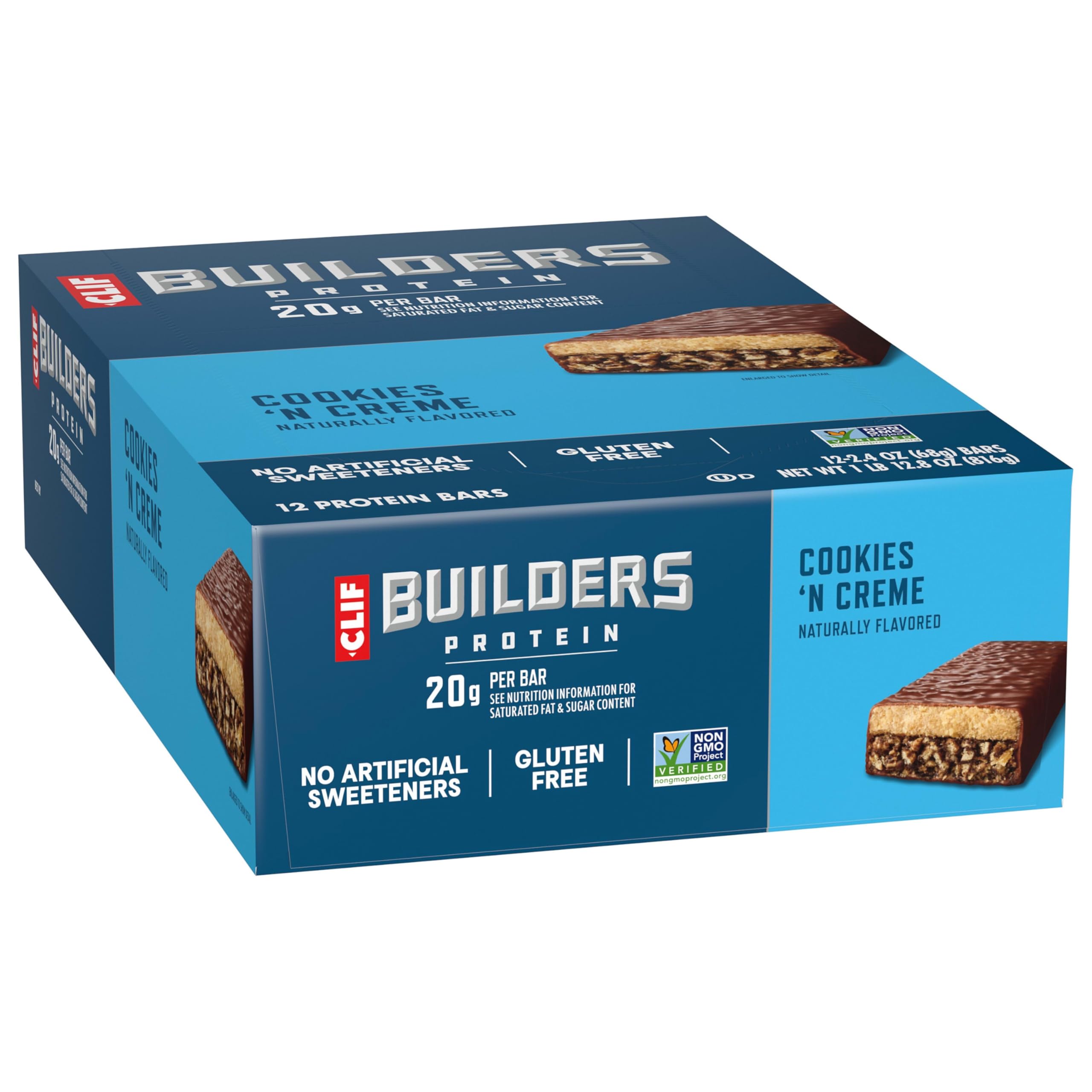 CLIF BUILDERS chocolate coating detail emphasizing taste and satisfying texture benefit