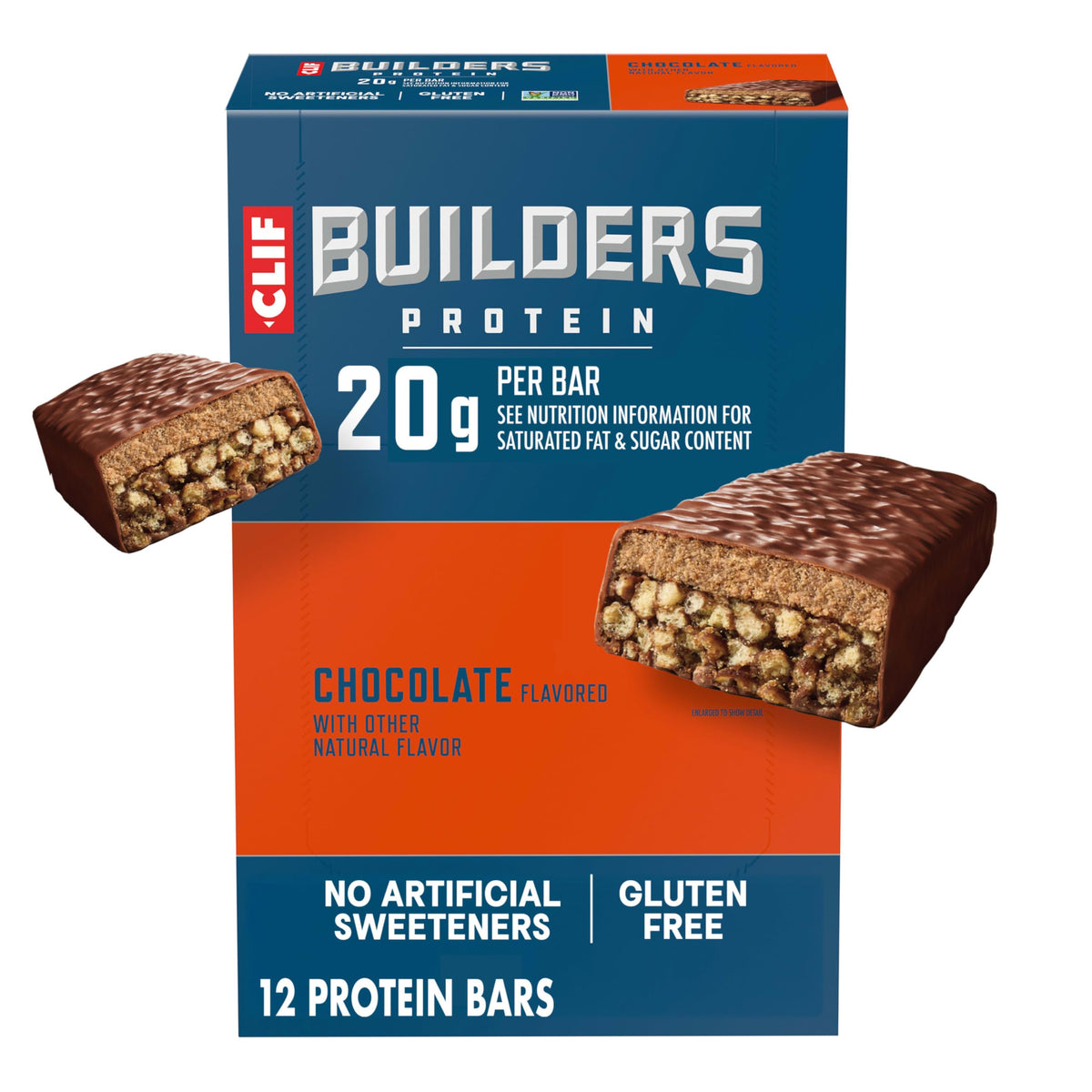 CLIF BUILDER'S front packaging showing chocolate bars and benefits
