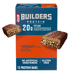 CLIF BUILDER'S front packaging showing chocolate bars and benefits