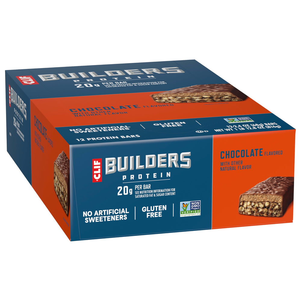 CLIF BUILDER'S Non-GMO and gluten-free badges emphasizing quality claims