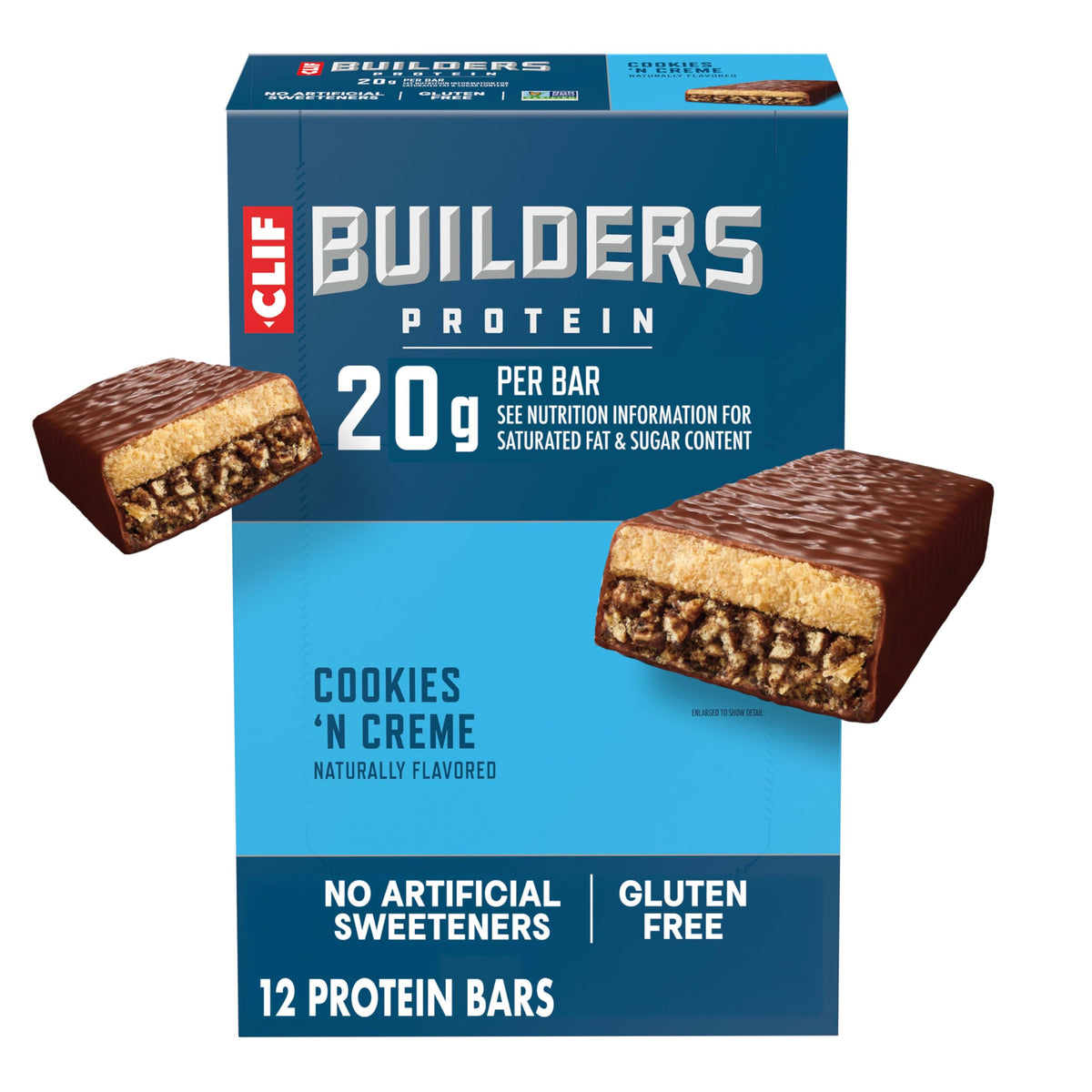 CLIF BUILDERS front packaging showing 12-count convenience and eco branding benefit