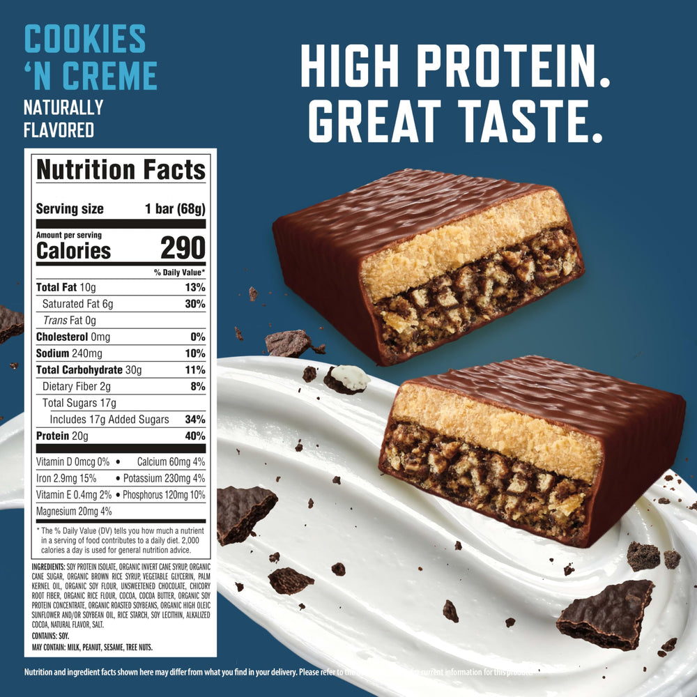 CLIF BUILDERS unwrapped Cookies 'N Creme bar showing texture and ready-to-eat protein