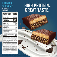 CLIF BUILDERS unwrapped Cookies 'N Creme bar showing texture and ready-to-eat protein