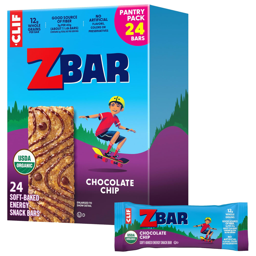Clif Kid Zbar front packaging showing 24-count box and flavor benefits