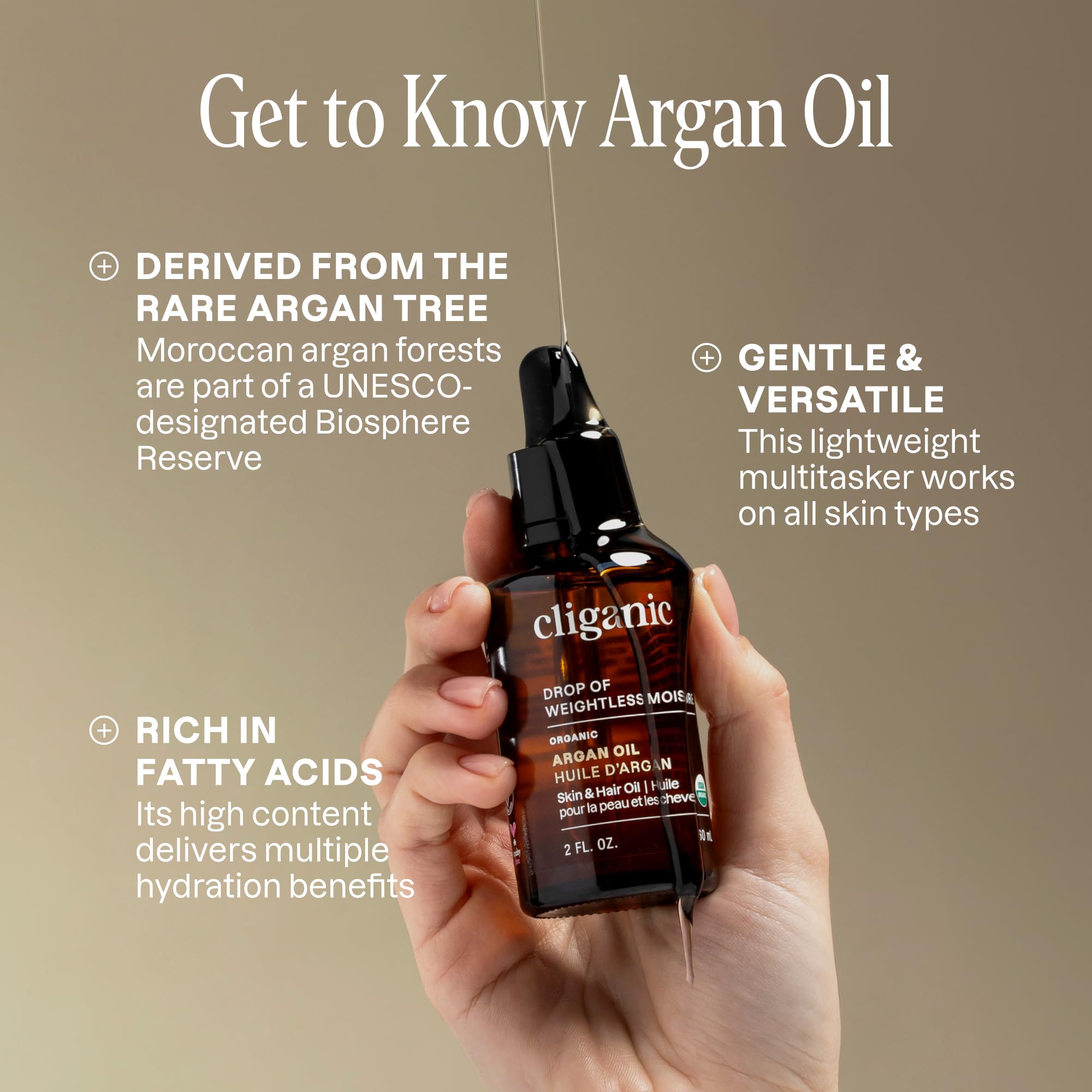 Cliganic argan oil texture closeup showing lightweight, non-greasy finish