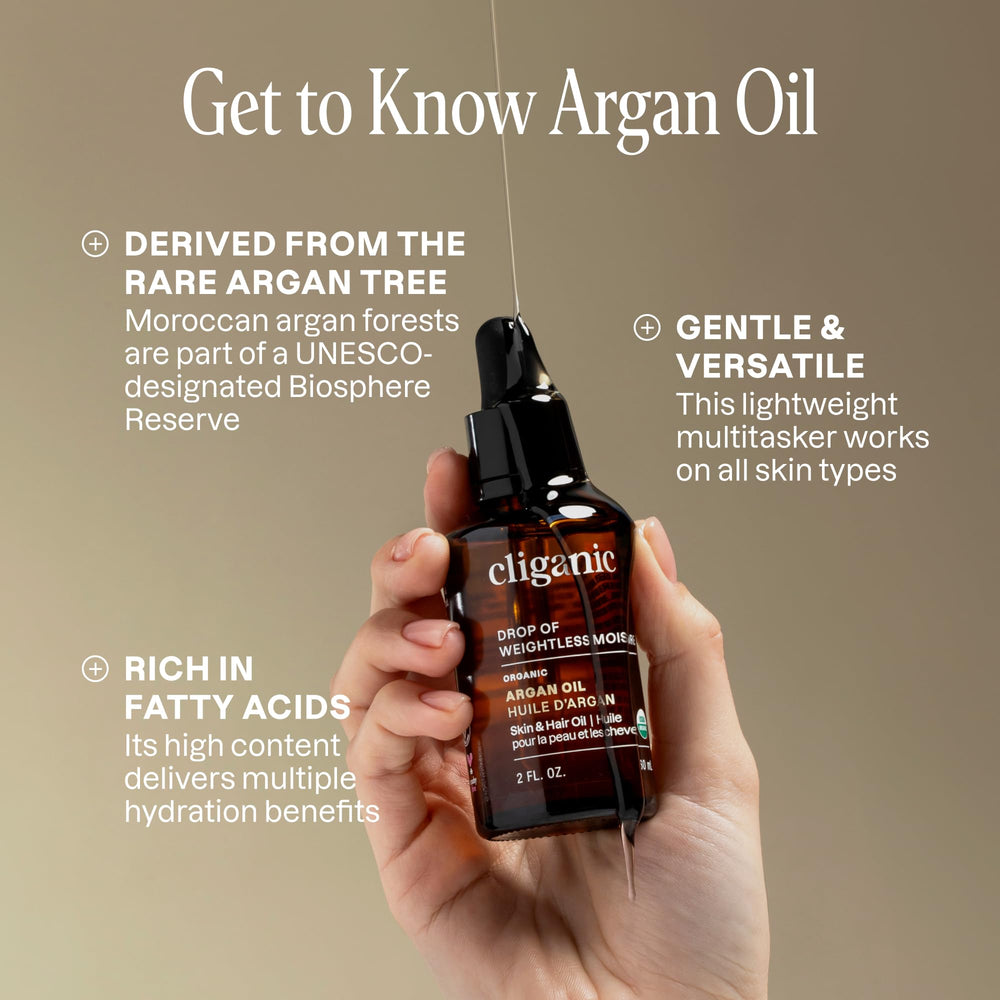Cliganic argan oil texture closeup showing lightweight, non-greasy finish