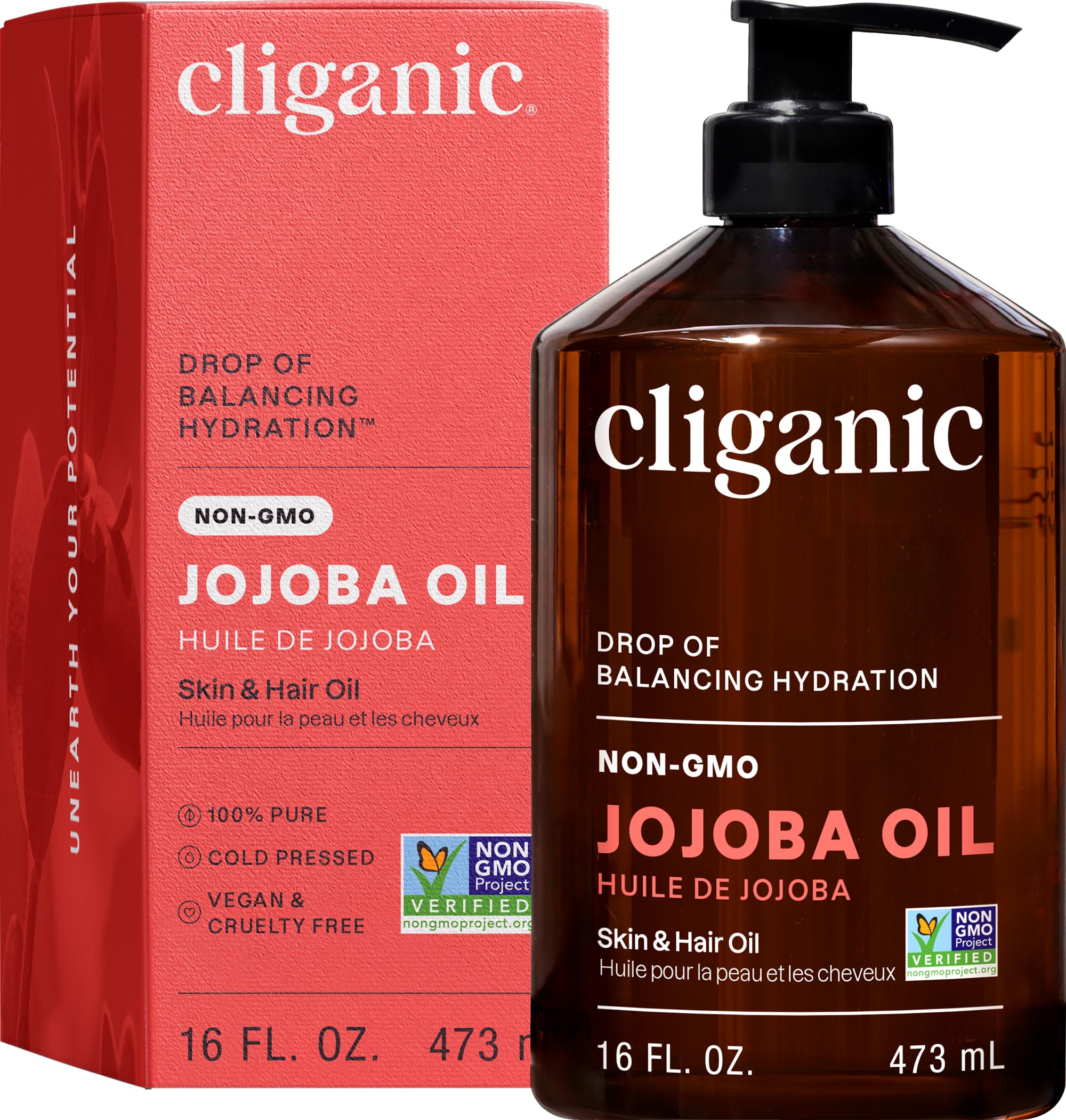 Cliganic jojoba oil 16oz front label showing product benefits