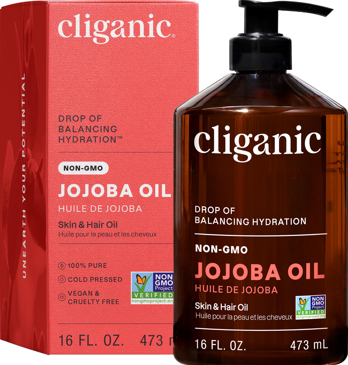 Cliganic jojoba oil 16oz front label showing product benefits
