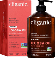 Cliganic jojoba oil 16oz front label showing product benefits