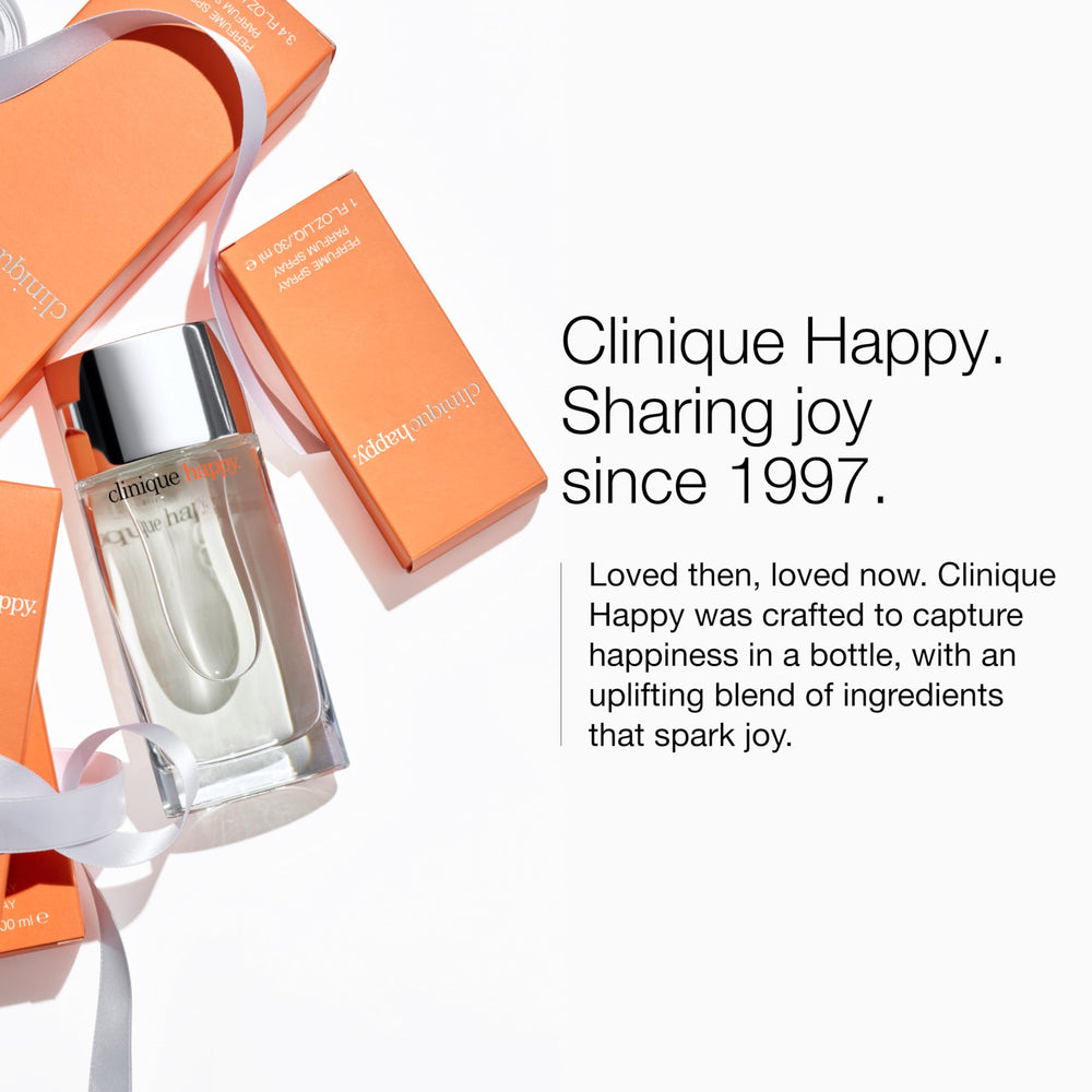 Clinique Happy next to a coin demonstrating 1 fl oz scale benefit: convenient travel size